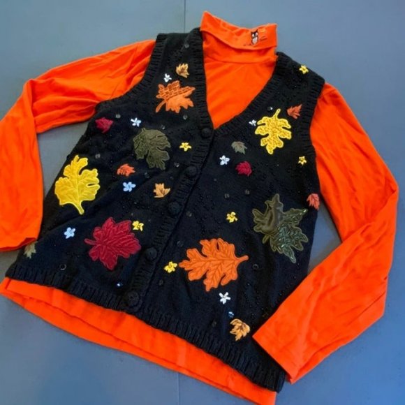 Sweaters - Ugly Halloween Vest Turtleneck Owl Leaf Orange Black Leaves Red Yellow Green